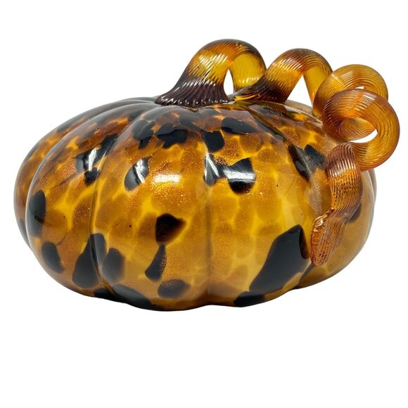 Art Glass Pumpkin Amber Orange Leopard Spot Ribbon Stem Shimmer 7 Inch - Picture 1 of 9
